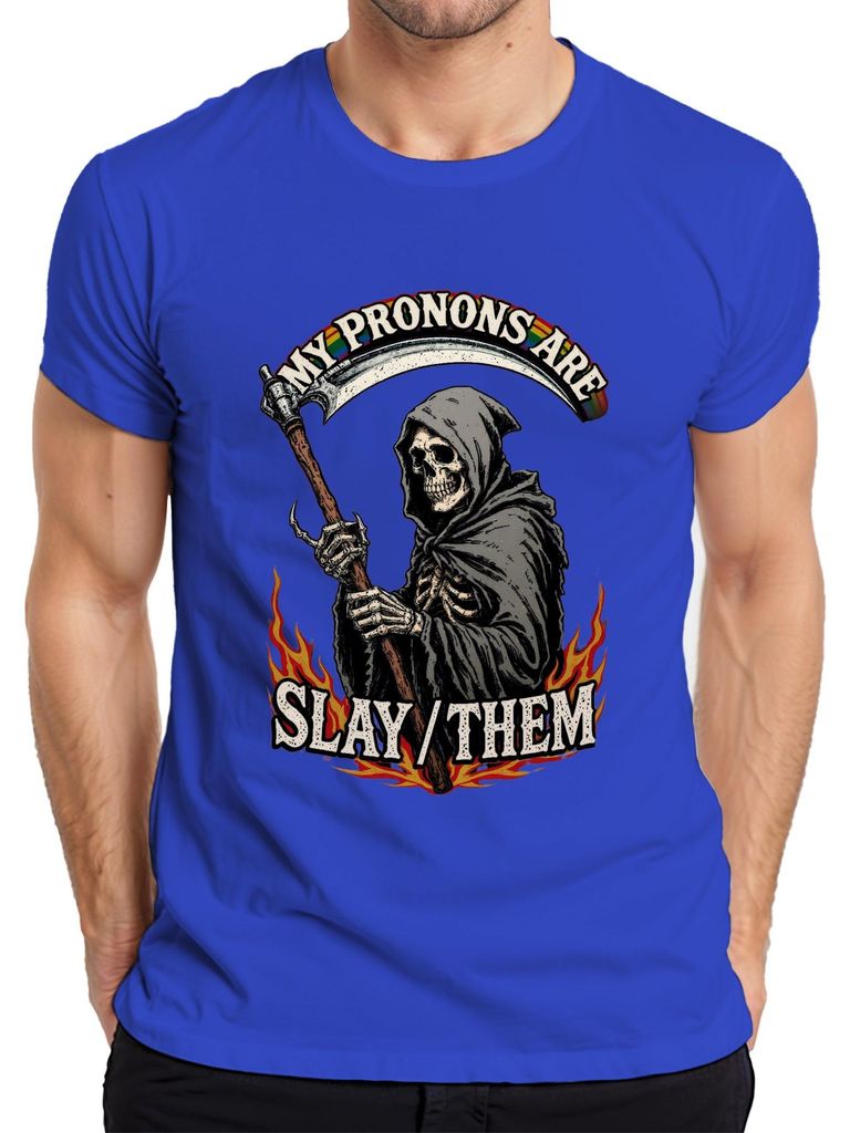 My Pronouns Are Slay Them Grim Reaper Skelett Regenbogen Pride Herren T-Shirt, Blau, L