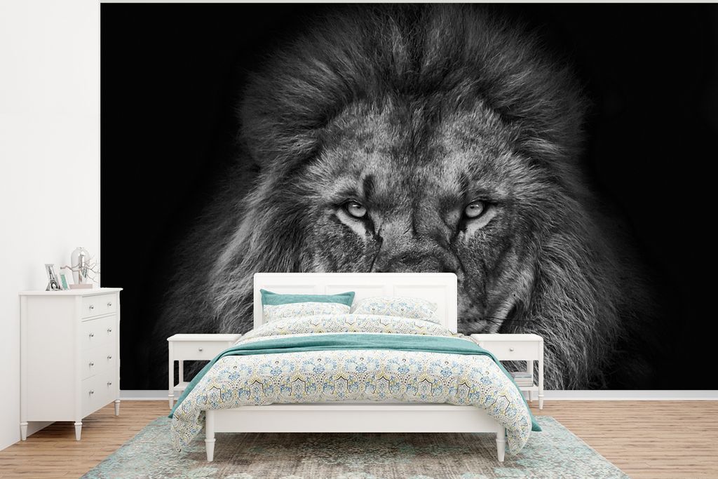 MuchoWow Fototapete für Wohnzimmer oder Schlafzimmer Wandtapete Vinyl Motivtapete Löwe - Tiere - Schwarz - Weiß - 400x300 cm - Papiertapeten