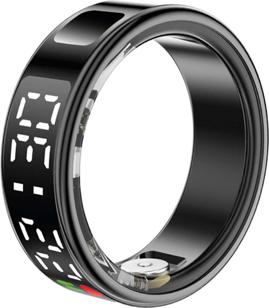 Avizar, Smart Ring Größe 8 Saturn Mit LED Display und Ladetui, Schwarz