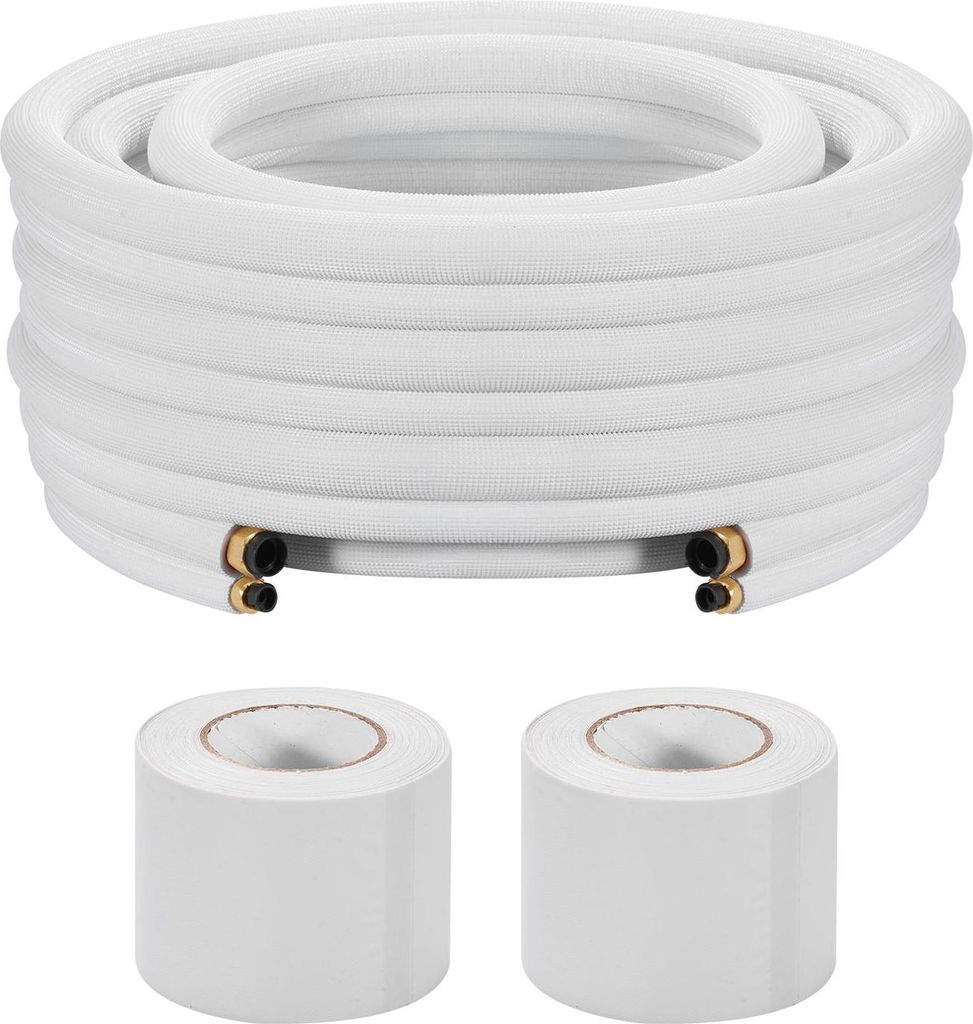 VEVOR Kältemittelleitung 30,48 m, Kupferleitung 6,4 & 9,5 mm Außendurchmesser, PE-isolierte Spule mit Bördelmuttern, Umreifungsbänder, für Min...