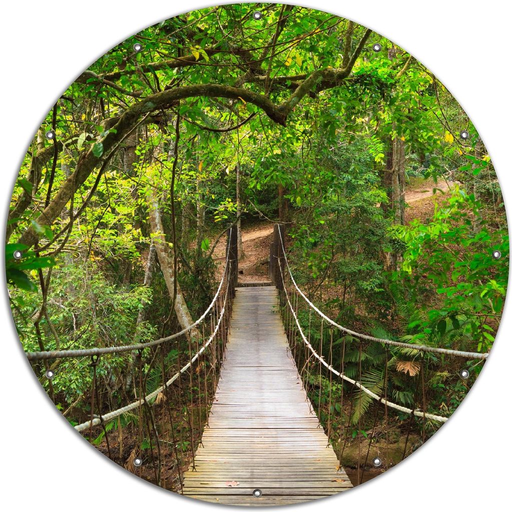 Wallario rundes Outdoor-Poster für Garten oder Balkon, Motiv Hängebrücke im Urwald grüner Dschungel, 120 cm Durchmesser