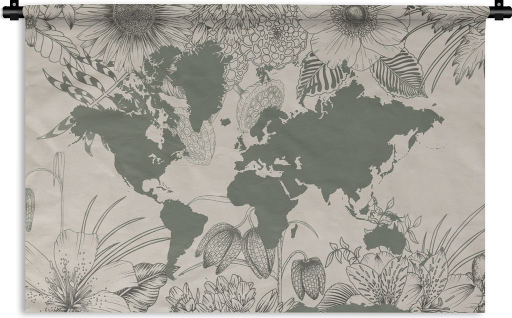 MuchoWow Wandteppich Wandbehang Weltkarte - Grau - Blumen 90x60 cm Tapisserie Dekoration Wandtuch - Wandskulpturen - Bildteppich