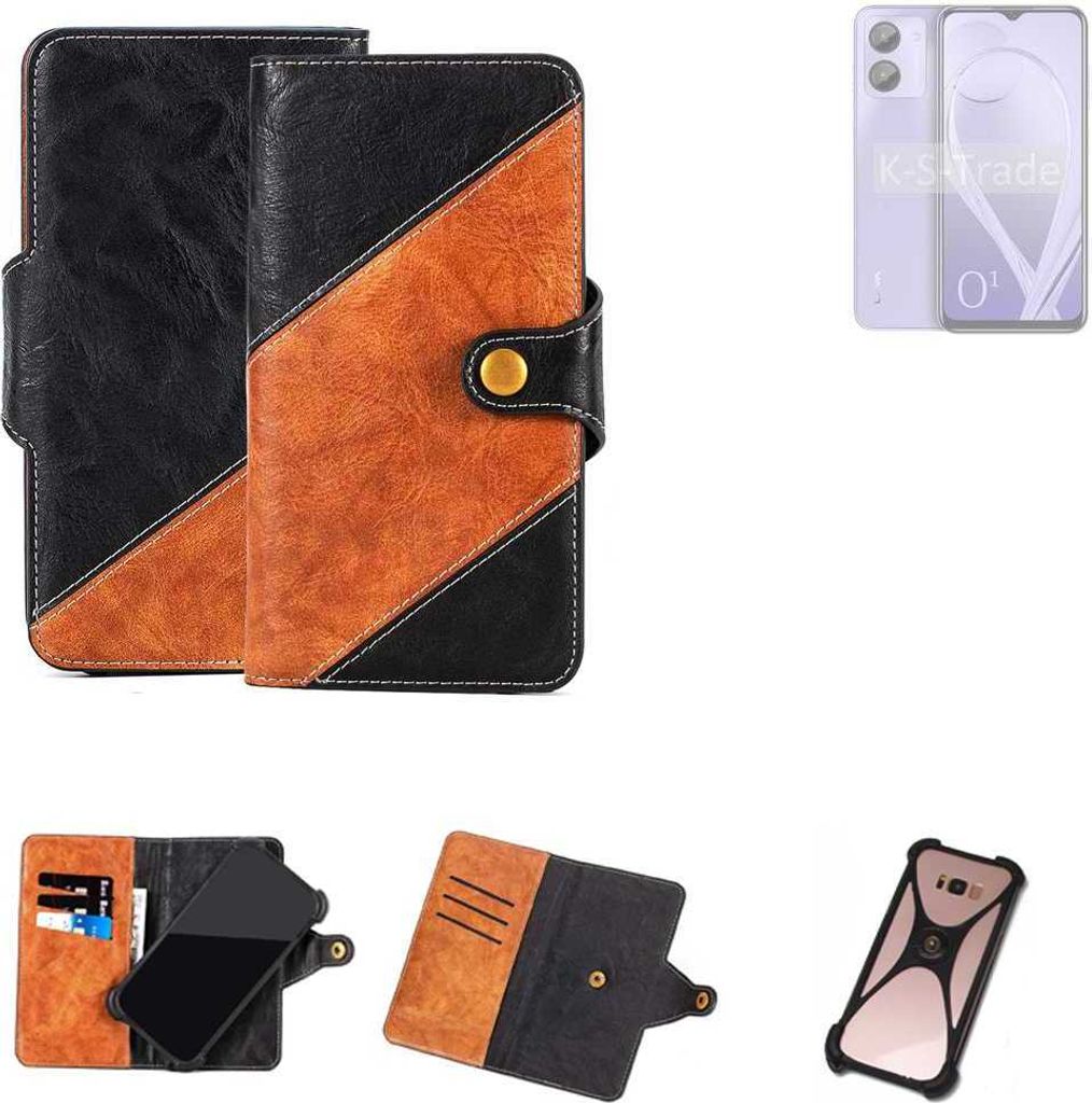 K-S-Trade Handyhülle Schutzhülle Bookstyle Case Wallet-Case kompatibel mit Lava O1 Handy Cover Bumper Klapphülle schwarz hellbraun 1x