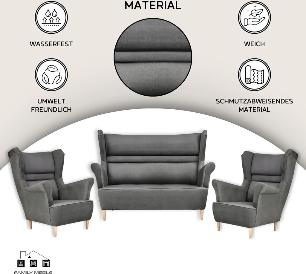 Family Meble Set aus Sofa + 2 Sessel Zoja 2-Sitzer Sofa Couch Zierpolsterung Freistehendes Lounge Sofa Bequem zum Entspannen Wohnzimmer Büro (MON 97)