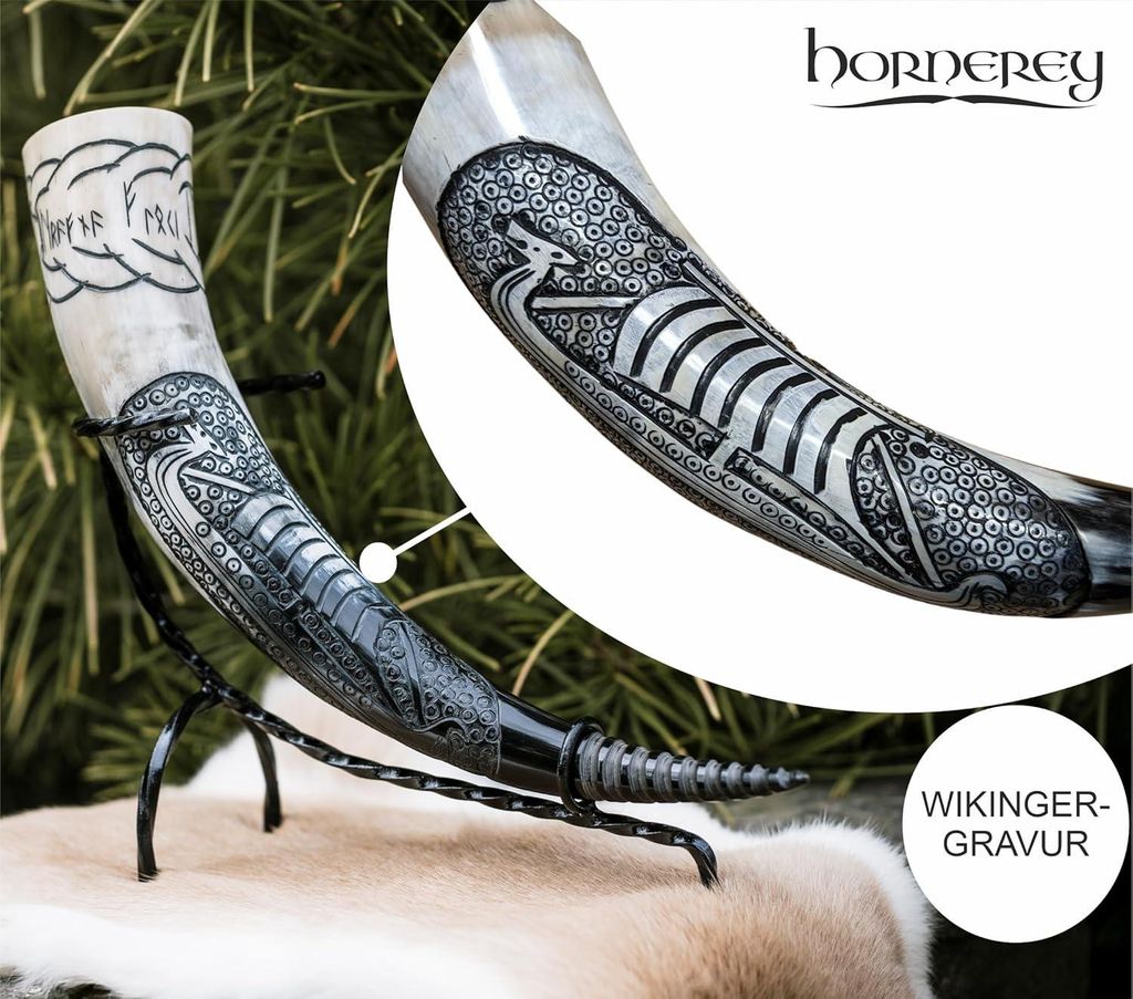 500 ml Wikinger Horn Set mit Ständer und Riemenhalter - Schwarzes LARP Horn von Hornerey