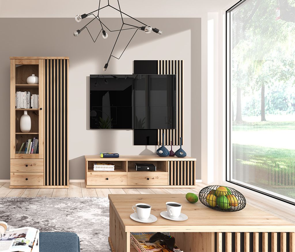 Wohnwand 4-teilig inkl. Couchtisch Eiche mit schwarz CALLAO-161