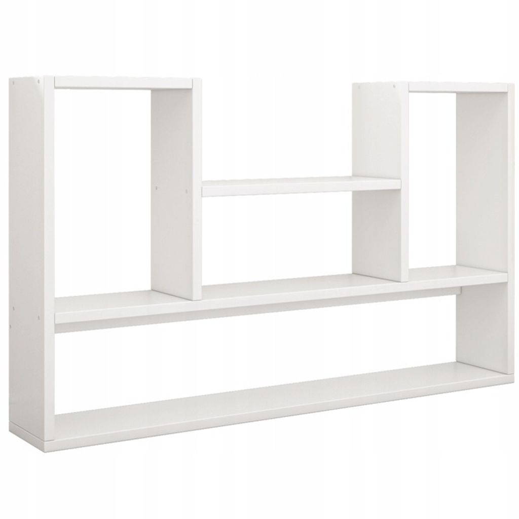 A white, modern, open shelf unit designed for wall mounting, suitable for books and decor.