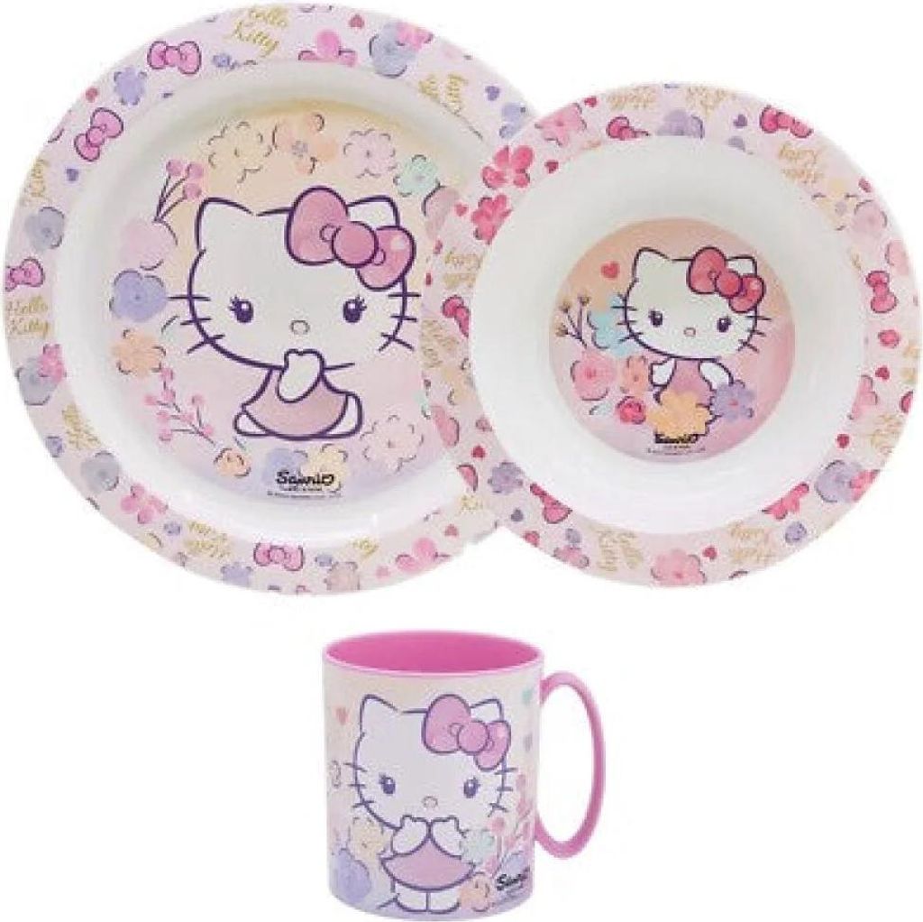 Hello Kitty Kinder Geschirr-Set 3 teilig Becher (350 ml) Teller Schüssel