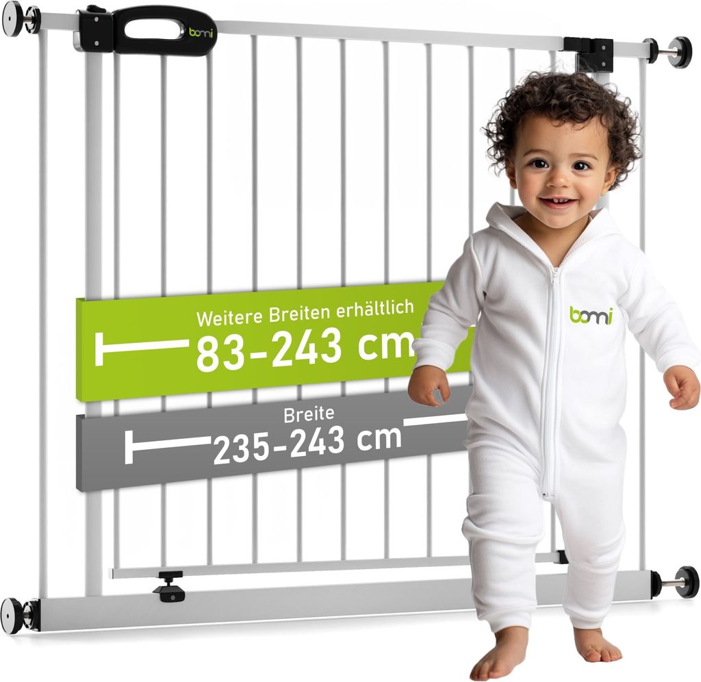 BOMI Kinderschutzgitter 63-251 cm ohne Bohren | Zum Klemmen | Schließt automatisch | Türschutzgitter in Weiß