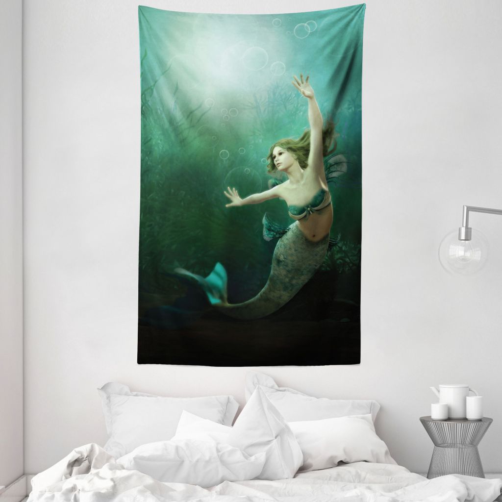ABAKUHAUS Grün und Blau Wandteppich und Tagesdecke, Mermaid Undersea aus Weiches Mikrofaser Stoff Waschbar ohne Verblassen Digitaldruck, 140 x 230...