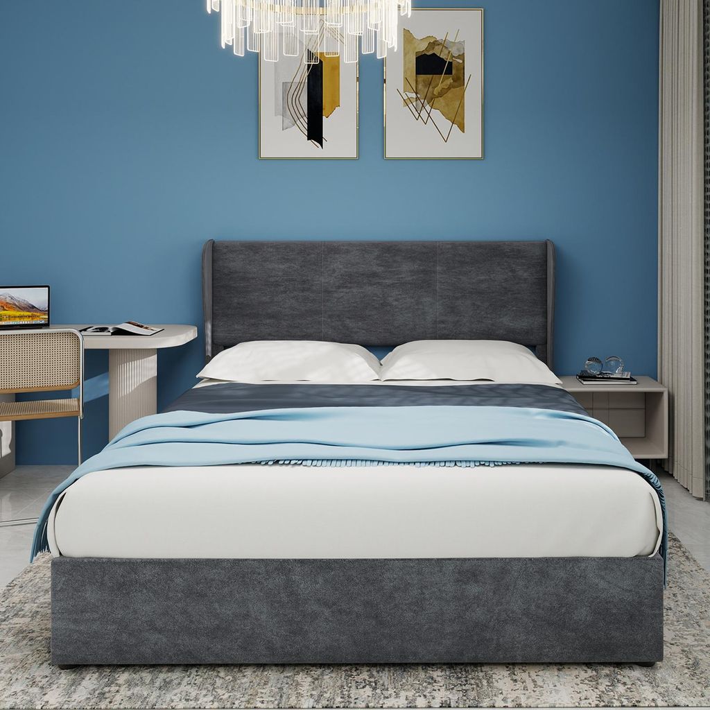 Sweiko Modern Minimalist Upholstered Bed with Soft and Comfortable Headboard, 160x200 cm, Grey, Multi-Functional Bedroom Furniture, High-Profile St...