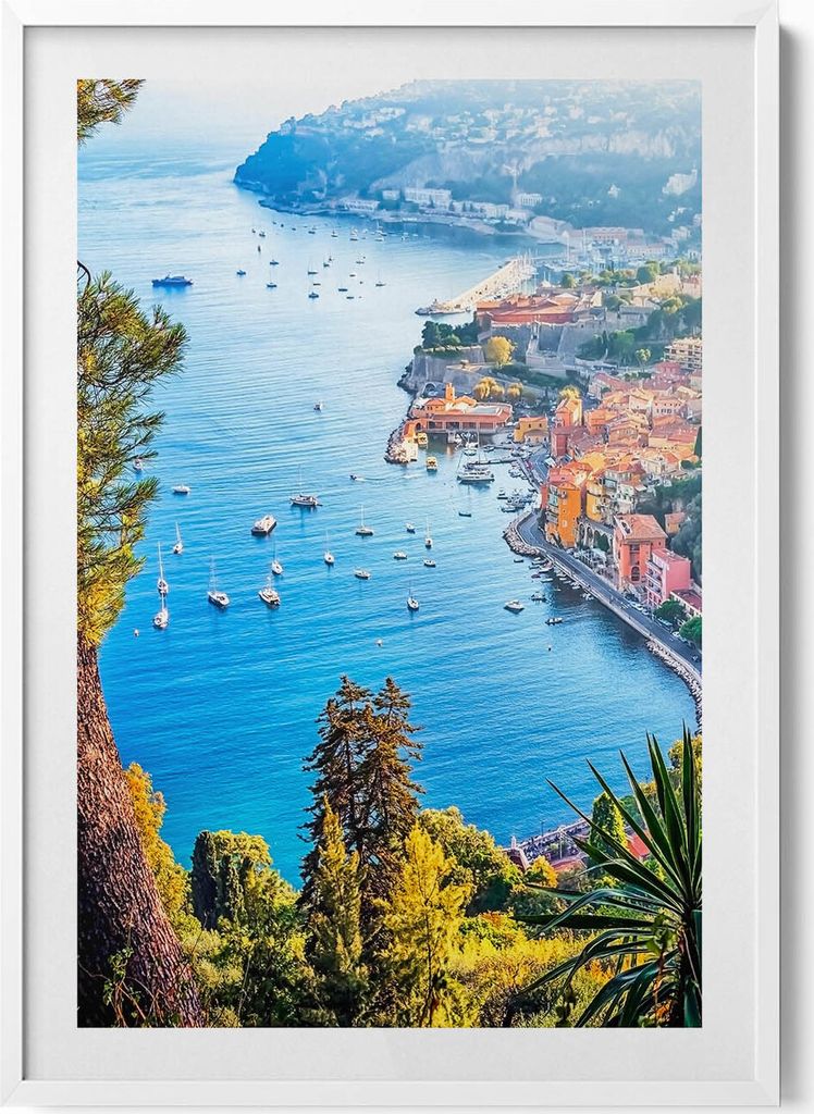 Dorf von Villefranche-sur-Mer– Wandbild mit Rahmen – Gerahmtes Bild – Wanddekoration – 70x100 cm – Weiß Rahmen
