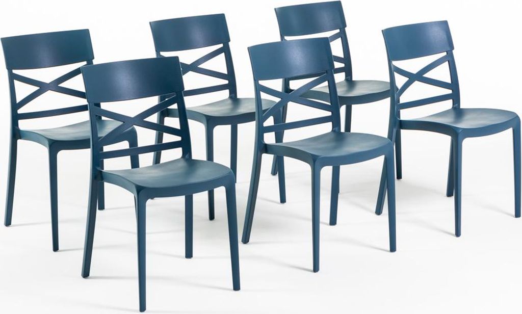 A set of six blue chairs arranged on a white background.