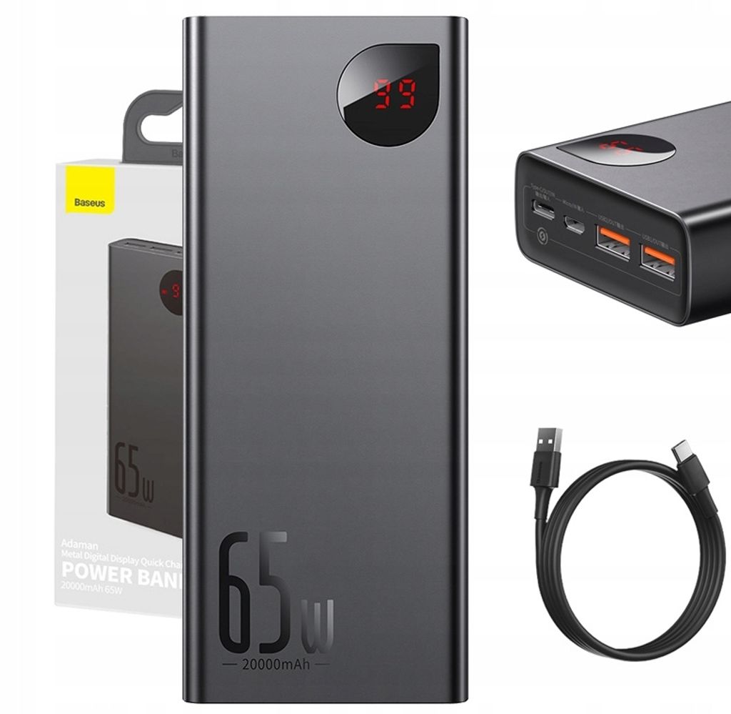 Baseus Powerbank 20000Mah 65W Pd Qc 3.0 2X Usb Usb-C Led Display Metal