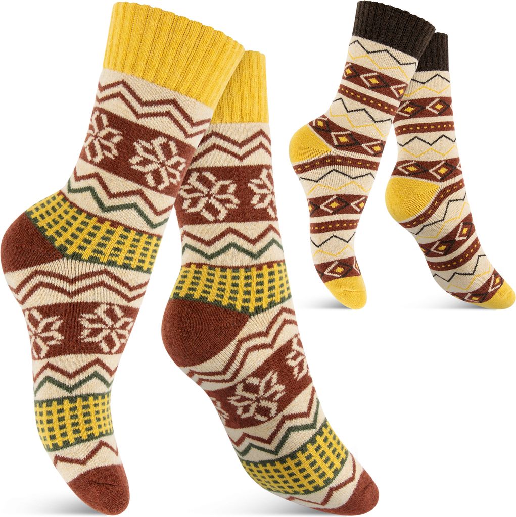 Footstar 2 Paar Warme Hygge Winter Wollsocken im Vintage-Design - Gelb 39-42
