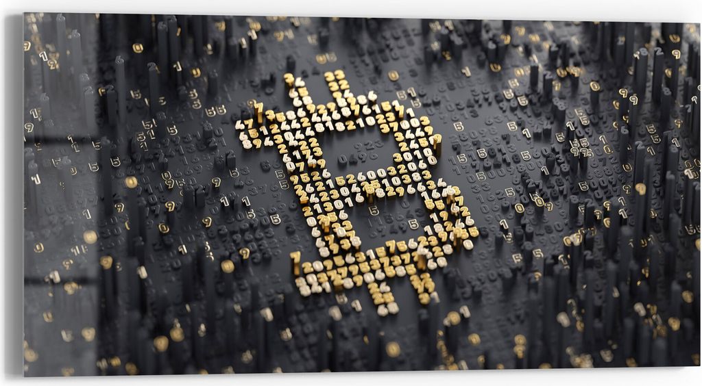DEQORI Glasbild Echtglas 60x30 cm 'Bitcoin Währungszeichen' Wandbild Bild modern Deko