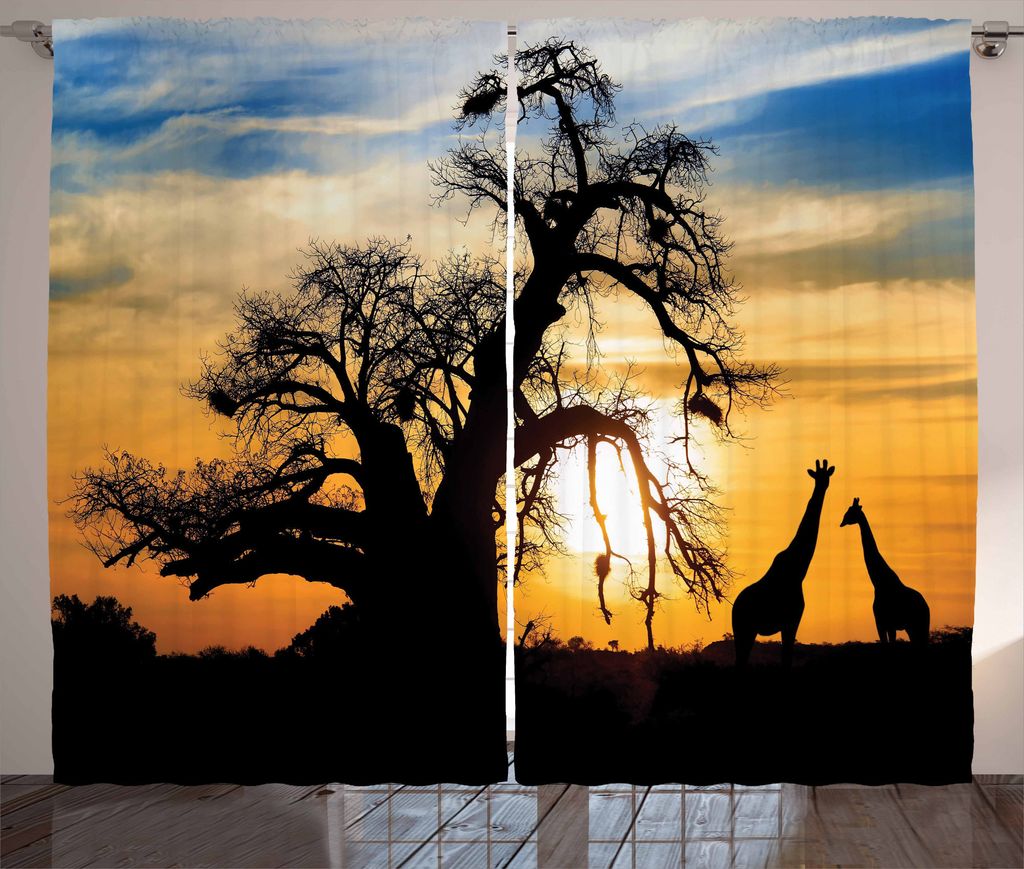 ABAKUHAUS Tierwelt Rustikaler Gardine, Giraffen Baobab-Baum, Schlafzimmer Kräuselband Vorhang mit Schlaufen und Haken, 280 x 175 cm, Mehrfarbig