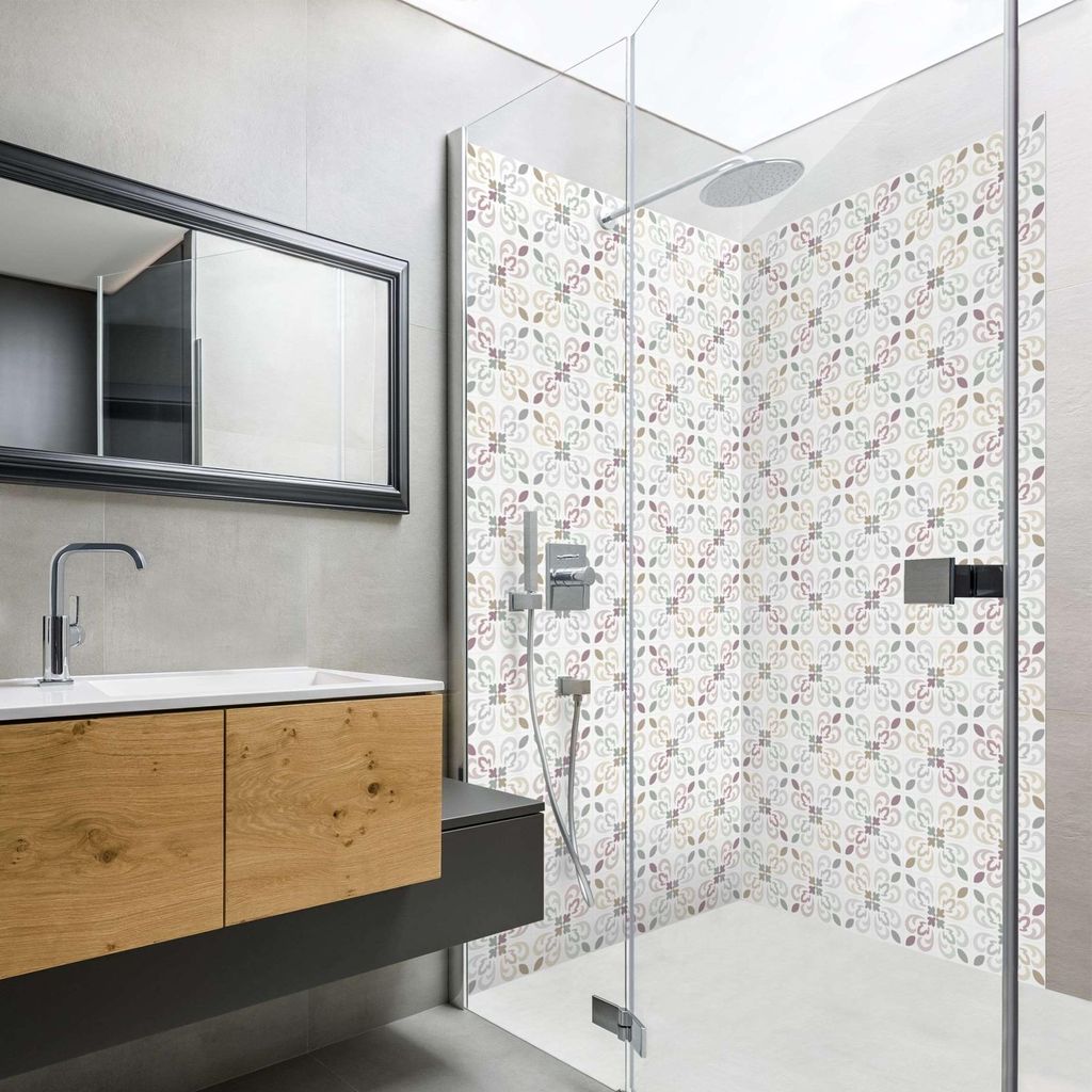 Duschrückwand Muster selbstklebend - 0.61 mm Wandpaneel wasserfest Ornament bunt Fliesenoptik Abstrakt Badrückwand fugenlos Premium matt 90x190 cm
