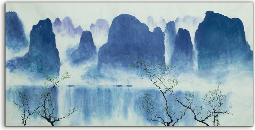 Coloray - Glasbild - 100x50 cm - Wandbild - Glasbilder - Chinesische Berge Wasser und Nebel