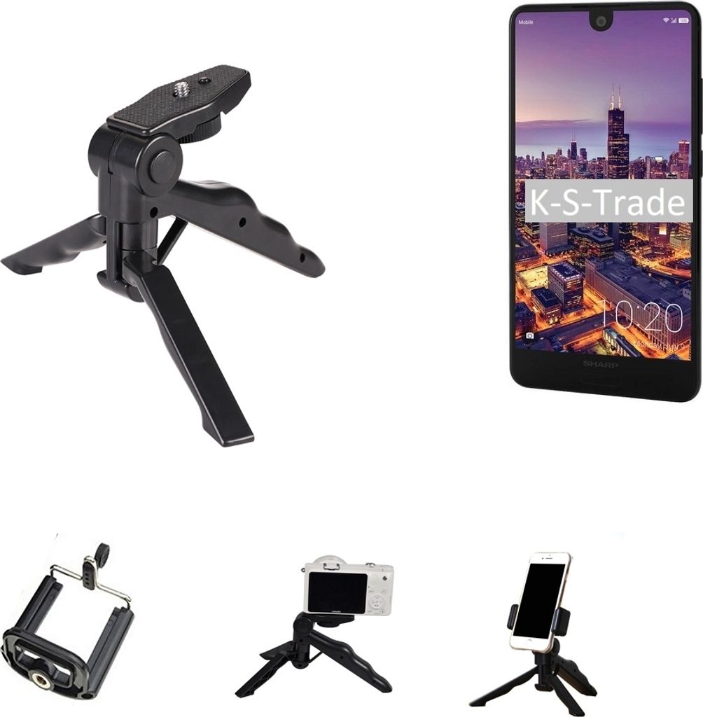 K-S-Trade Stativ Tisch-Ständer Dreibein Handy-Stativ Ständer kompatibel mit Sharp Aquos C10 Mini-Stativ Smartphone Tripod Handy-Stativ aus Plastik