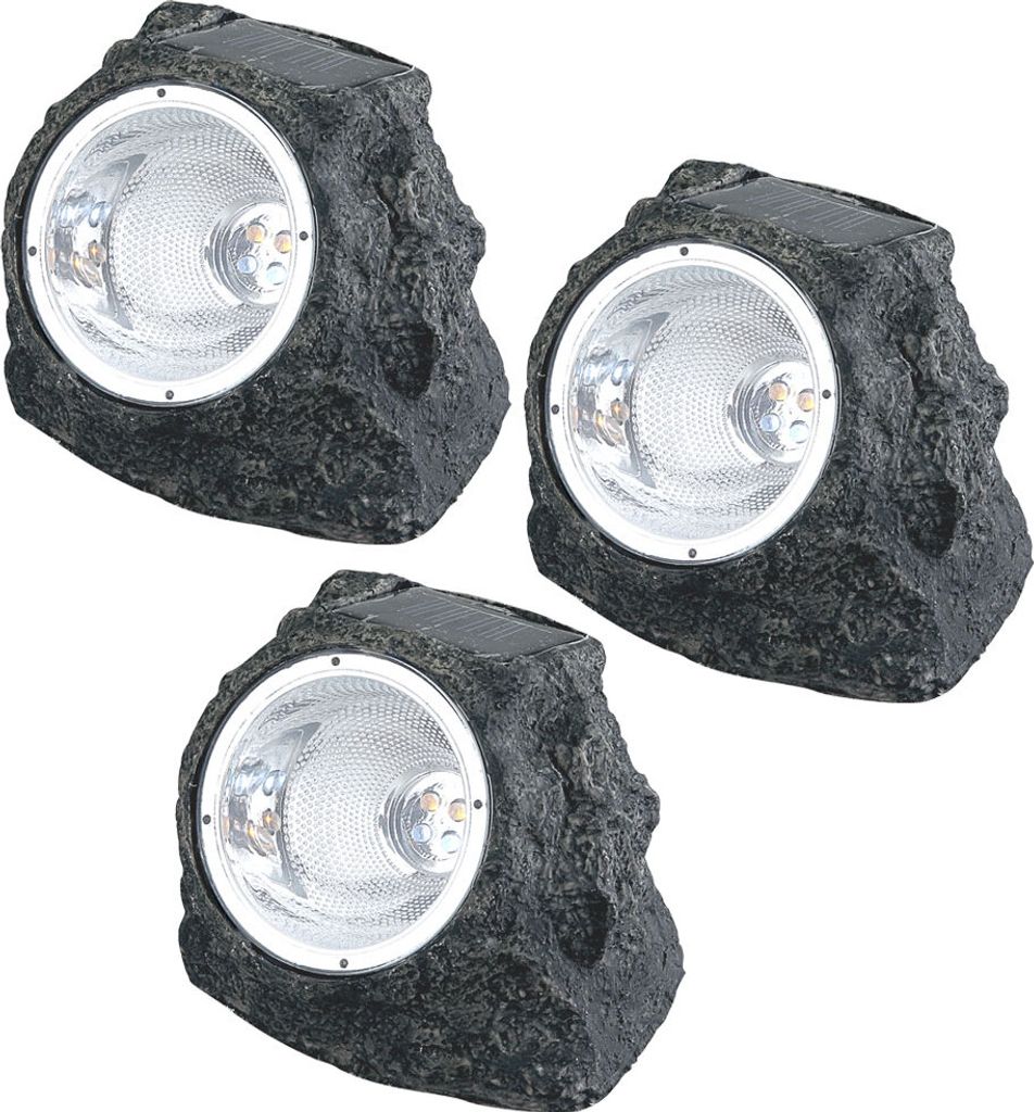3er Set LED Solarleuchte, Stein, grau, H 10,5 cm