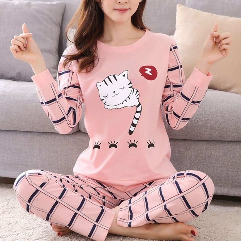 Cute Pyjama Cartoon Set Print Cat Winter