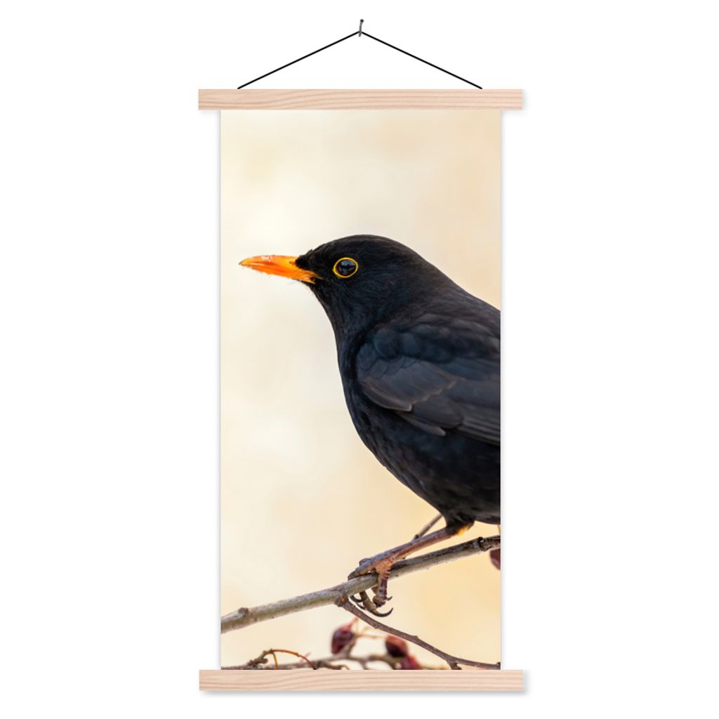 MuchoWow Textilposter Amsel - Vogel - Zweige - Beere - Rot 60x120 cm mit holzfarbenen Rahmen - Holz