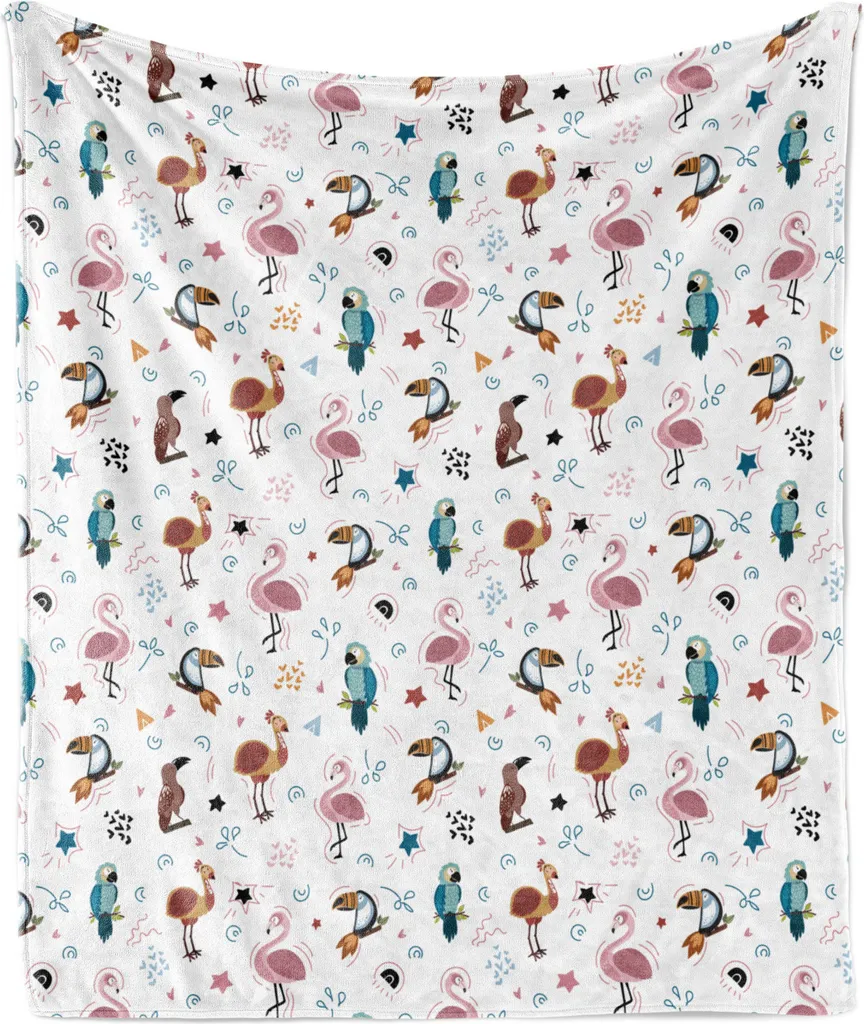 ABAKUHAUS Coperta morbida in flanella e pile con motivi di uccelli esotici, pappagallo, tucano, fenicottero, stella e cuori, 175 x 230 cm, bianca e multicolore