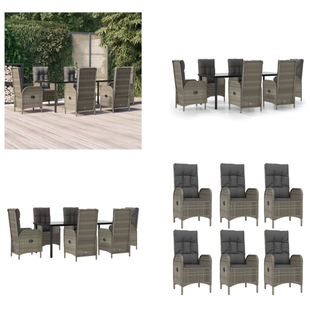 vidaXL 7 tlg. Garten Essgruppe mit Kissen Schwarz und Grau Poly Rattan - Garten Essgruppe - Garten Essgruppen - Essgruppe - Essgruppe Terrasse