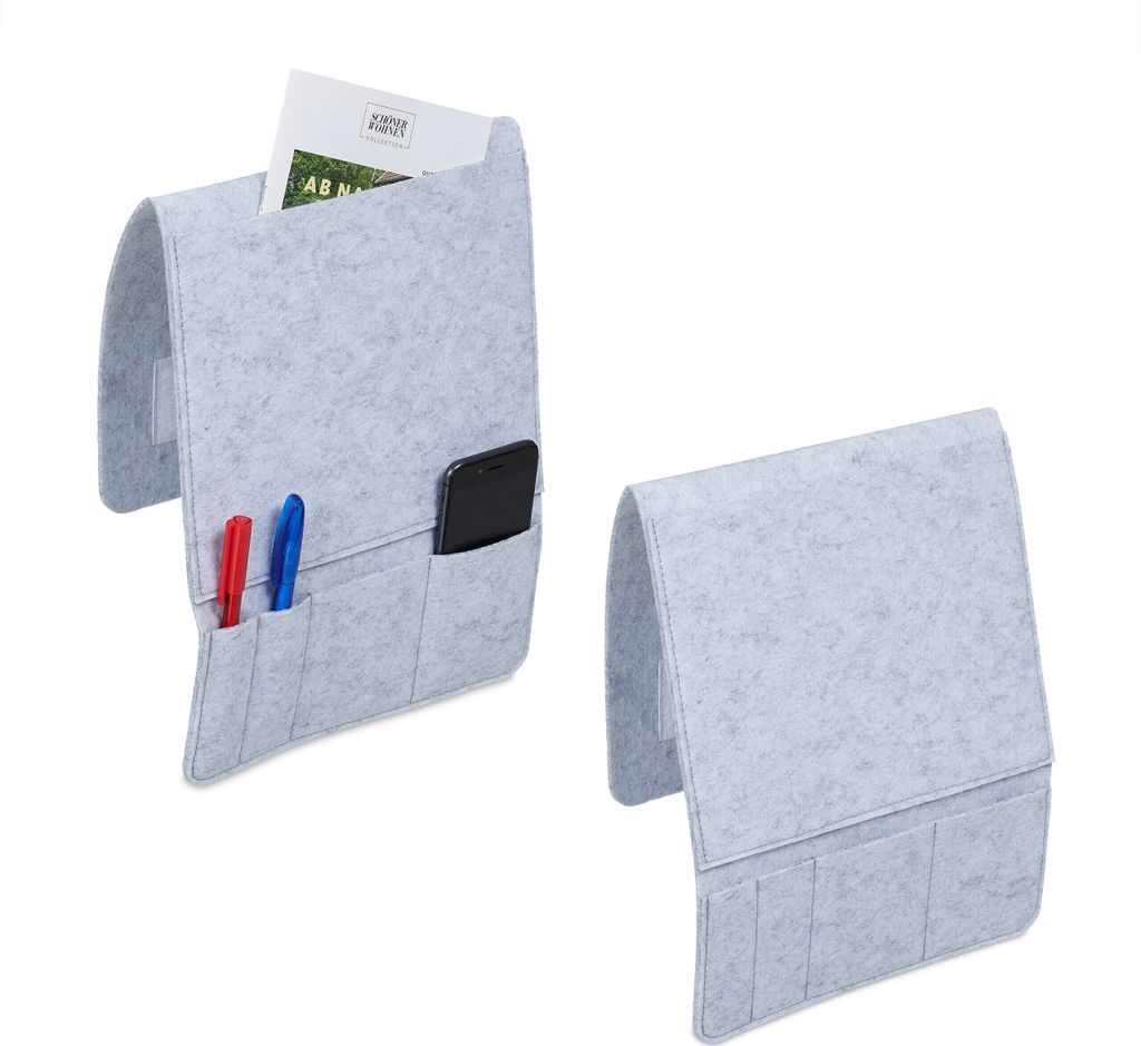 Relaxdays Betttasche, 2er Set, 5 Fächer, Klettverschluss, Aufbewahrung für Bett & Sofa, Bett Organizer, Filz, hellgrau