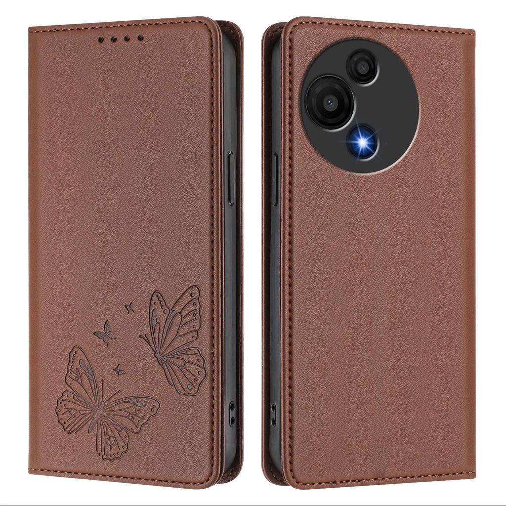 Lederhülle für TCL 605 / TCL 60 SE, Schmetterling Prägung Leder Brieftasche Schutzhülle mit Ständer Braun