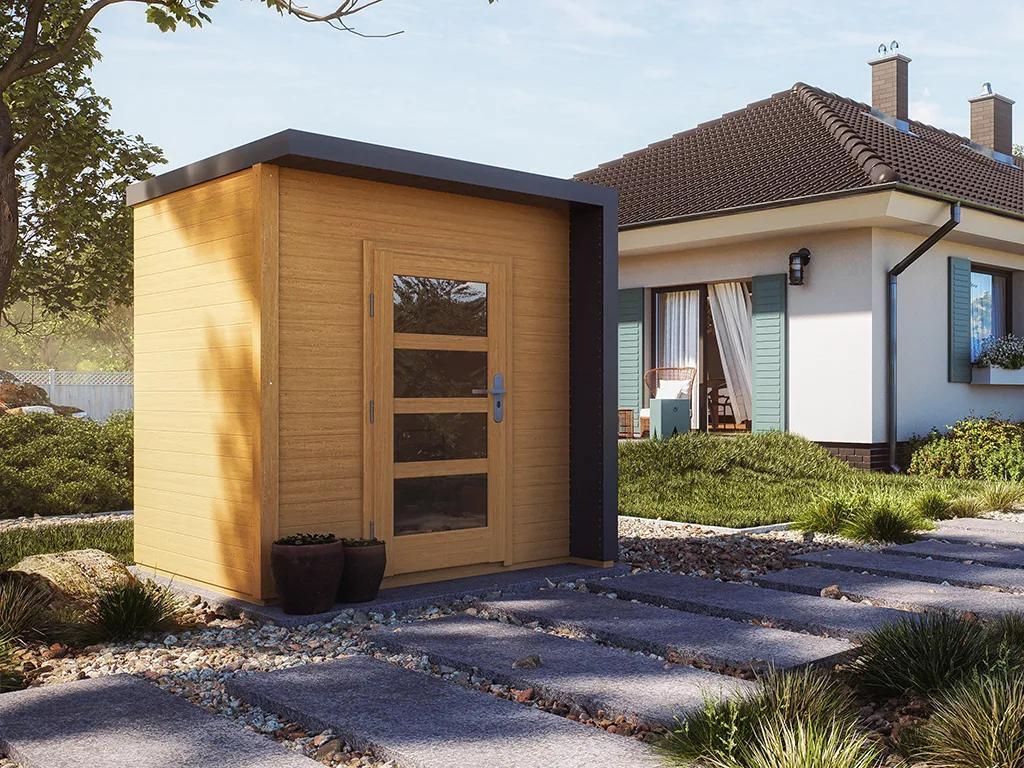 WOODTEX Naturbelassen 201,8 x 200,0 cm Gartenhaus Gerätehaus Bravo, 19 mm Fichtenholz, Stecksystem, Flachdach mit Dachpappe, Unterkonstruktion, Ei...