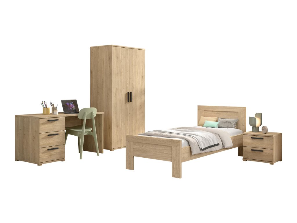 VIPACK - SAM Artikel-Set 4-tlg. best aus, Einzelbett, Nachtkonsole, Kleiderschrank 2-trg., Schreibtisch, Eiche Melamin Nachbildung