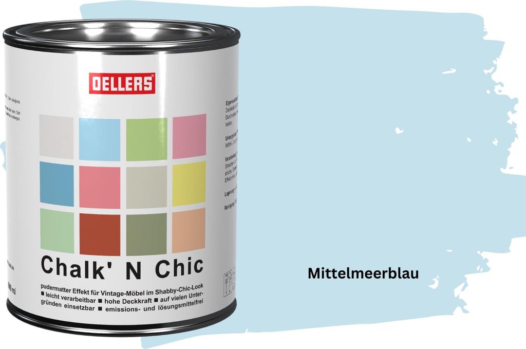OELLERS Chalk 'N Chic Kreidefarbe Mittelmeerblau 1L matt – für Shabby-Chic-Look & Vintage-Stil auf Holz, Beton, Raufaser, Gipskarton uvm.