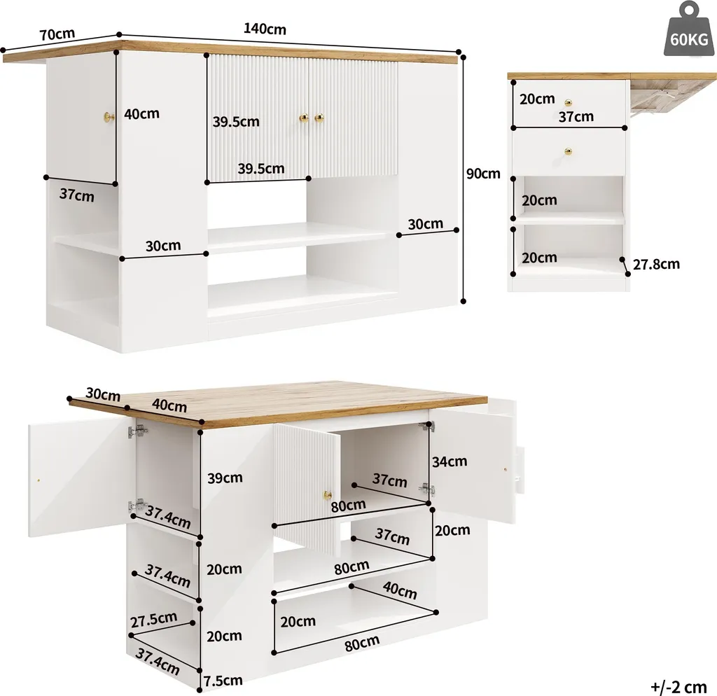 Table de bar extensible 140cm avec plateau rabattable et meuble bas