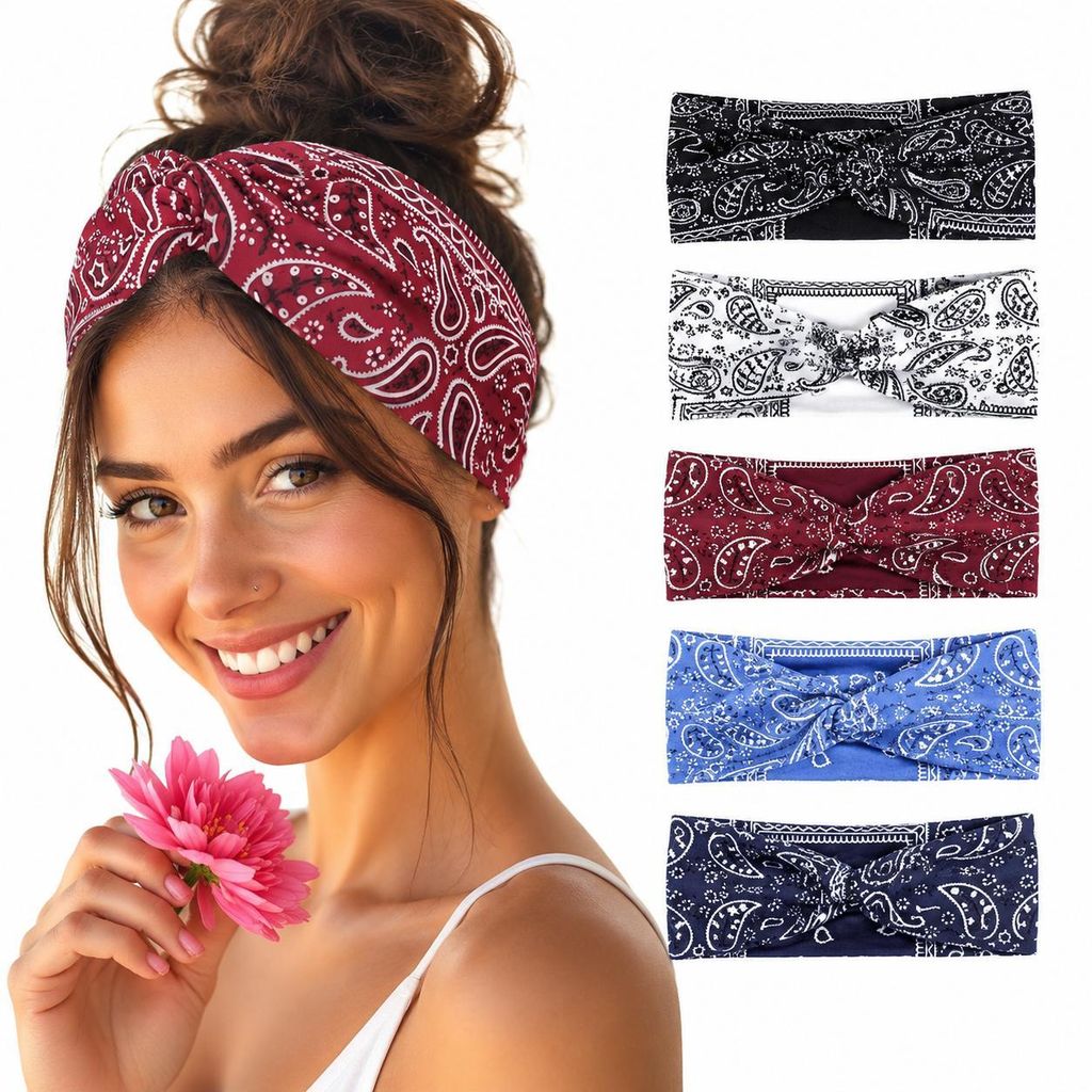 5x Damen Stirnband Boho Stil, Breites, elastisches Produktbild 