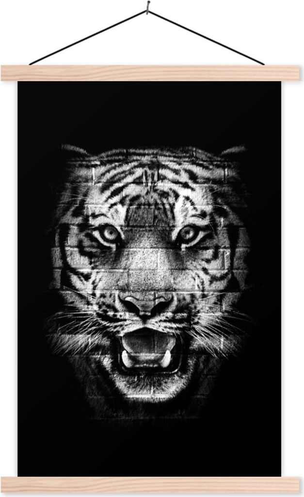 MuchoWow Textilposter Tigerkopf mit einem Muster aus Steinen auf schwarzem Hintergrund - schwarz und weiß 120x180 cm mit holzfarbenen Rahmen - T...