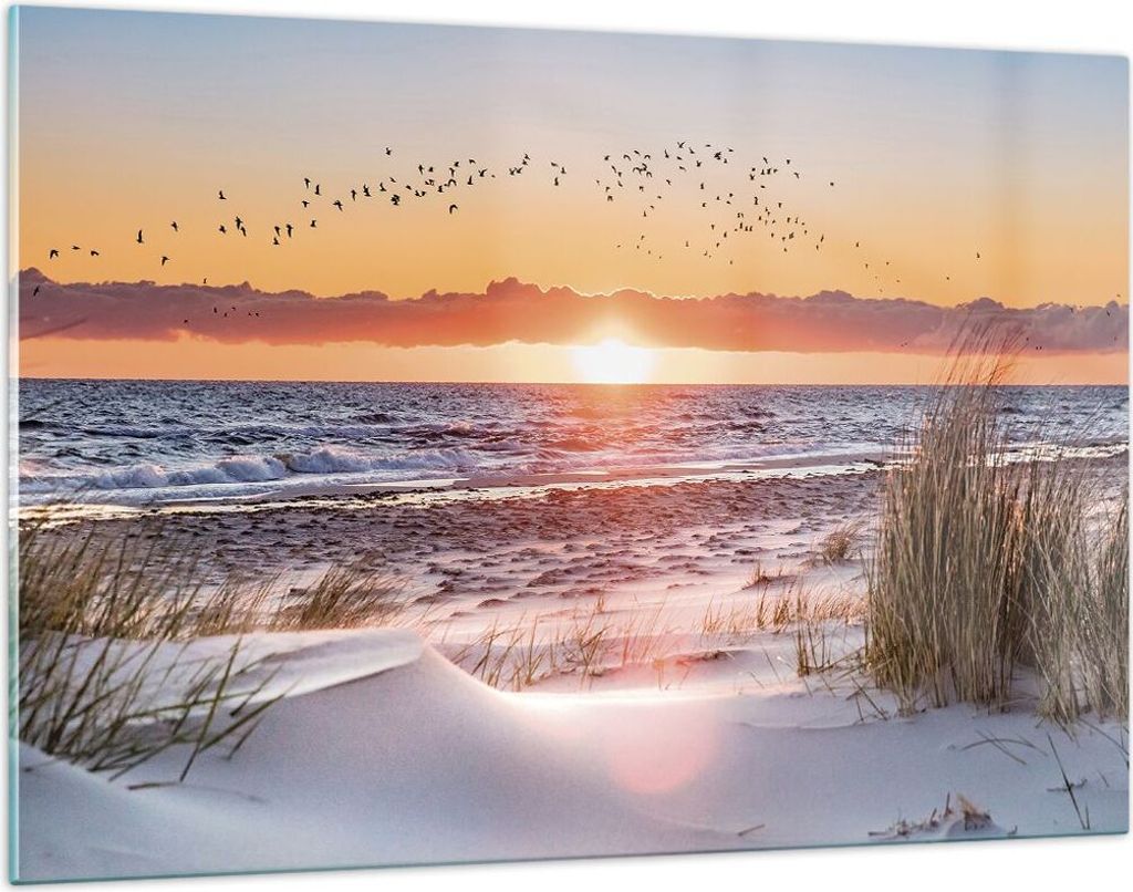 Bilder auf glas - Einteilig - Sonne Strand Vögel - 120x80cm - Glasbilder - Wandbilder - Bilder - zum Aufhängen bereit - Wanddekoration aus Glas -...