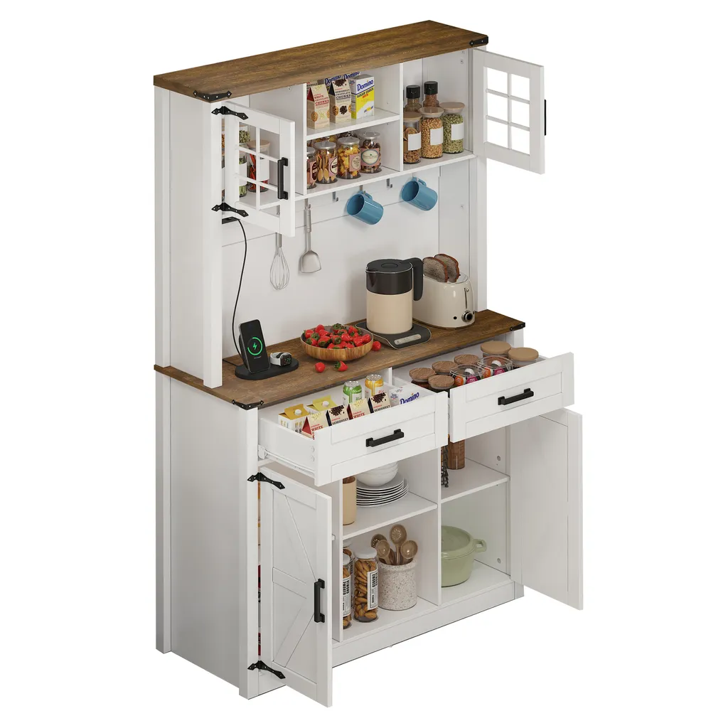 Armoire Bar Rustique Bicolore avec Prises Électriques Intégrées - 9