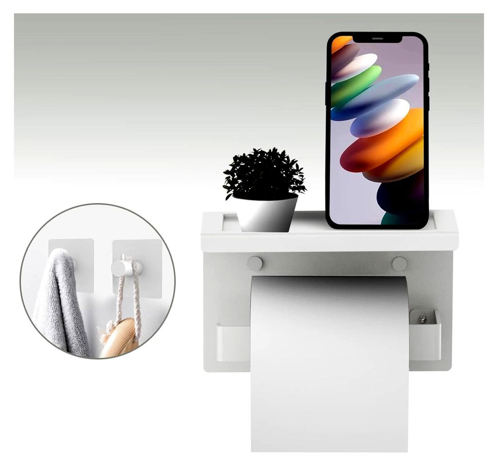 Toilettenpapierhalter ohne Bohren aus Aluminium mit 17 cm Ablage, selbstklebende WC-Papierhalterung mit 2 Klebehaken zur Wandmontage für Küche un...