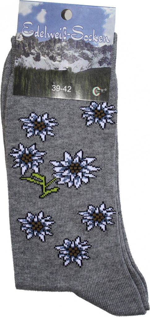 Uni Trachtensocken Edelweiß-Socken Blütenmuster Kurze socken, Größe:35-38, Farbe:Grau
