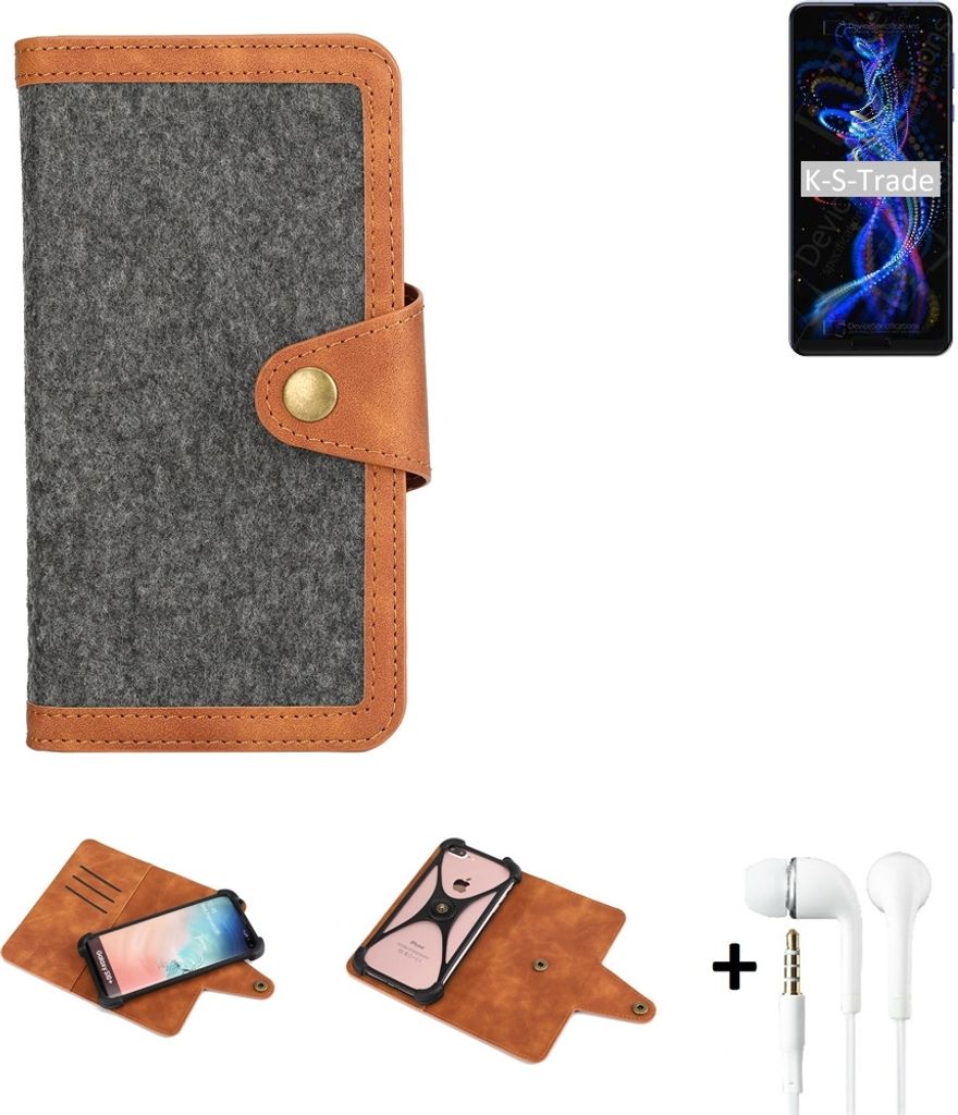 K-S-Trade Handyhülle + Kopfhörer kompatibel mit Sharp Aquos R5G Schutzhülle Filzhülle Kunstleder dunkelgrau braun (1x)