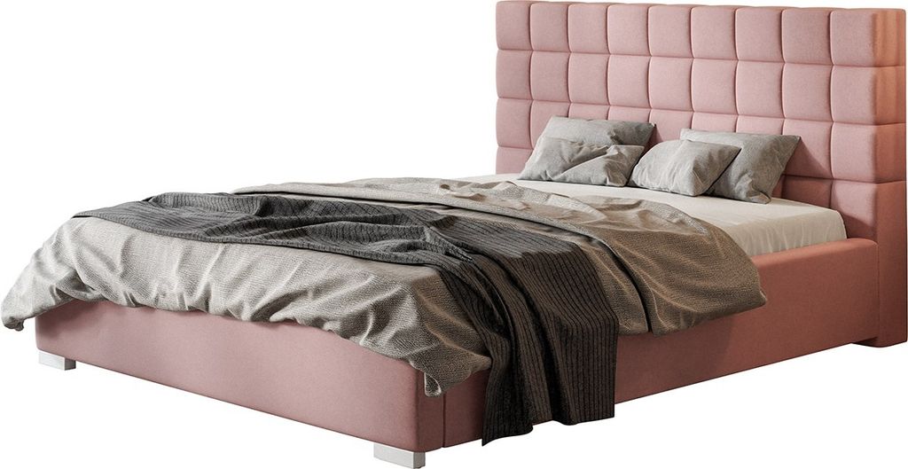 Polsterbett PORTO mit Kopfteil, 160x200 cm, Doppelbett mit Bettkasten und Lattenrost aus Metal, Velourstoff Grau