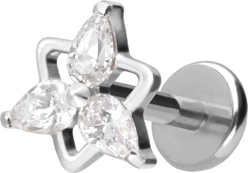 Ohrpiercing, Nasenpiercing Titan Labret mit Push Fit KRISTALLBLUME Silber Stablänge: 8mm | Stabstärke: 1mm