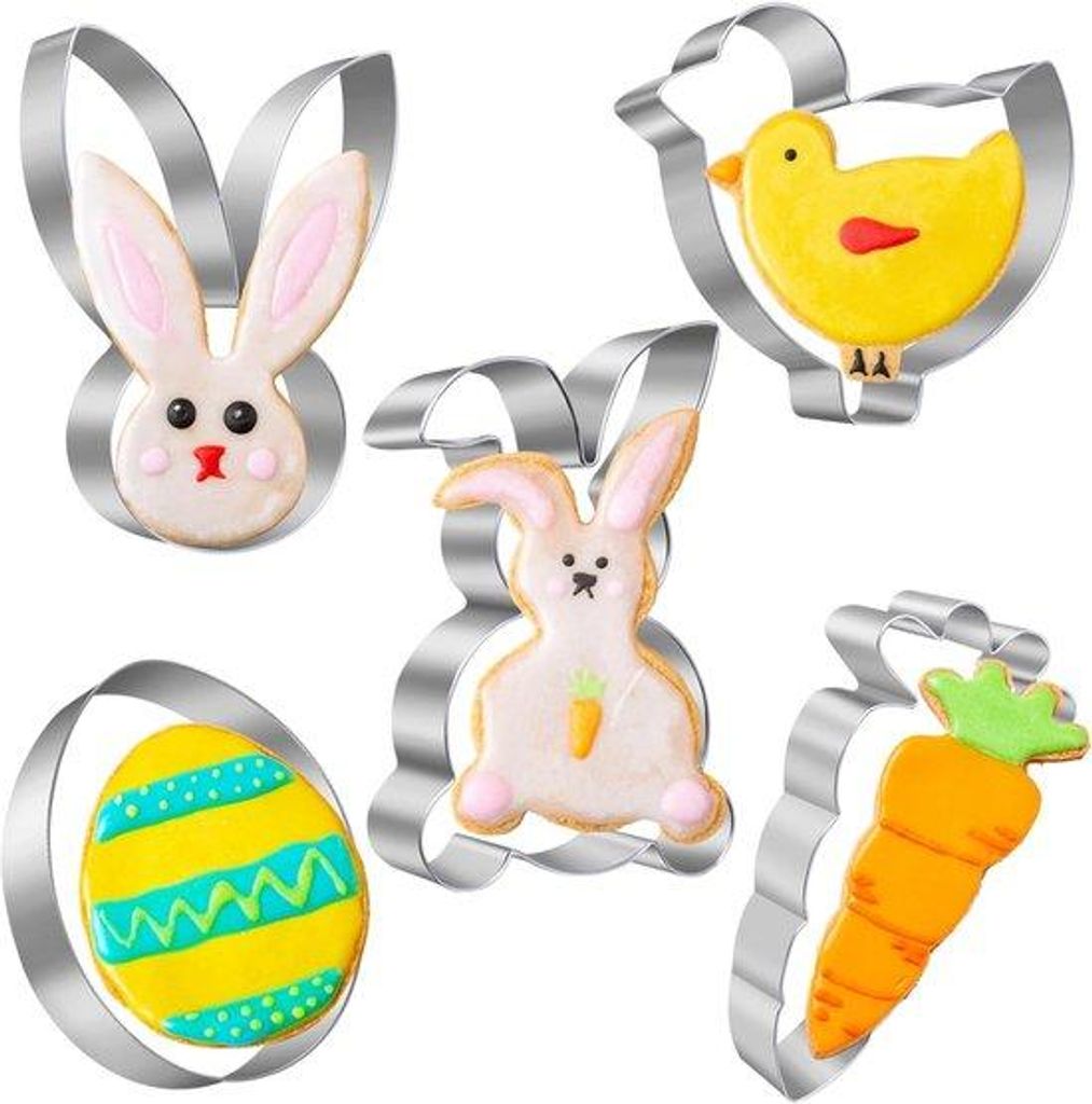 Kleine roestvrij stalen koekjesvormpjes - 5er-Pack - Verschillende vormen - Met eierschalen, wortel, konijn, kuikentje und Gesicht - Stahl