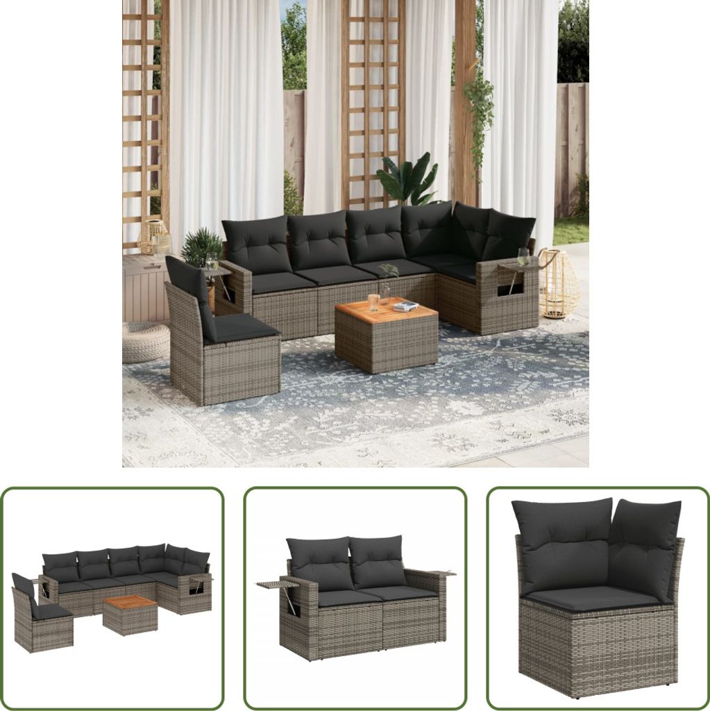 The Living Store 7-tlg. Garten-Sofagarnitur mit Kissen Grau Poly Rattan