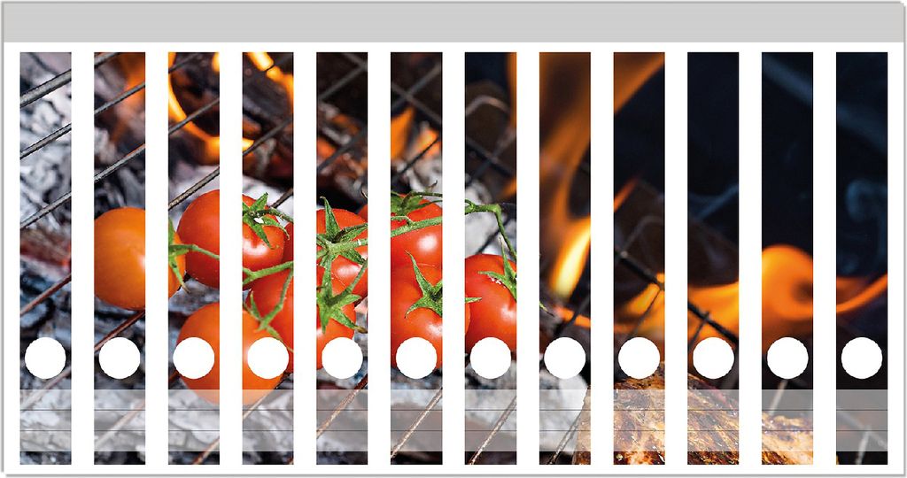 Wallario Ordnerrücken Sticker, selbstklebend für schmale Ordner, 12 Stück, Motiv Tomaten und Steak auf einem Grill