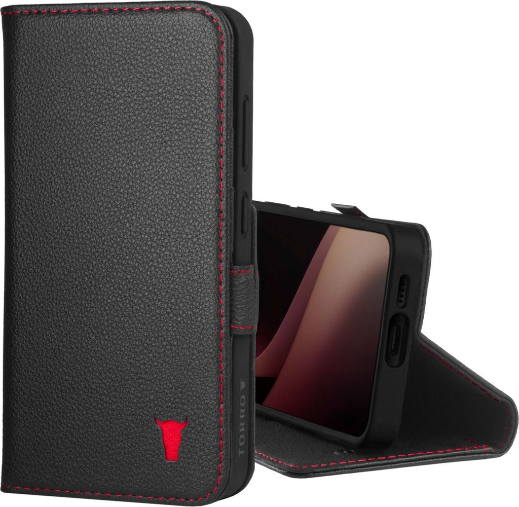 A black leather phone case with red stitching and a red bull logo is shown. The phone case is open, revealing a phone screen inside.