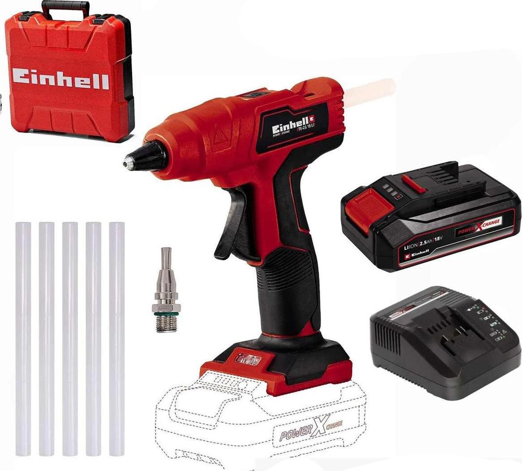Einhell Akku-Heißklebepistole TE-CG 18 Li - mit Akku 2,5 Ah, Ladegerät Koffer
