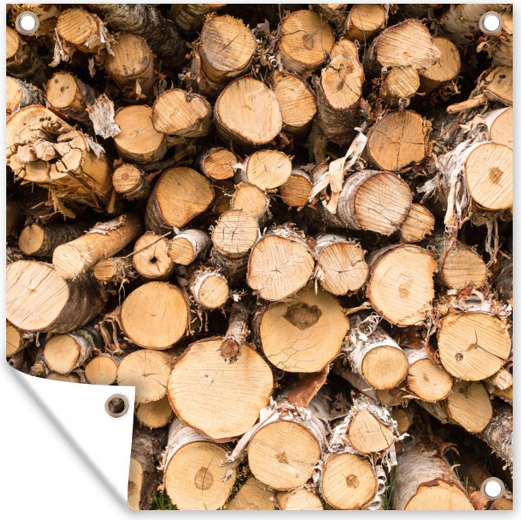 MuchoWow 100x100 cm Outdoor-Poster Gartendeko Sichtschutz Garten Poster für den Garten Ein Haufen gefällter Baumstämme